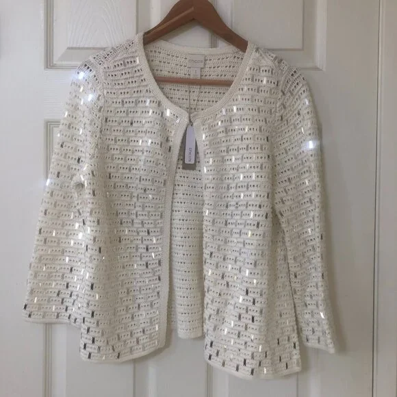NWT Chico’s White and Silver Sequin Sammie 3/4 Sleeves Cardigan M - Picture 3 of 10
